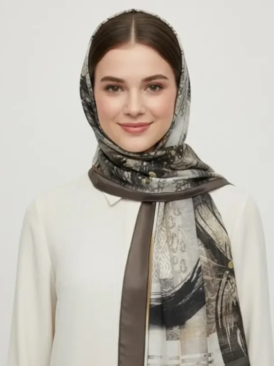 Cocoa Border Abstract Voile Scarf